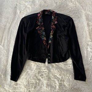 Vintage Black Multicolor Embroidered Cropped Blazer Jacket